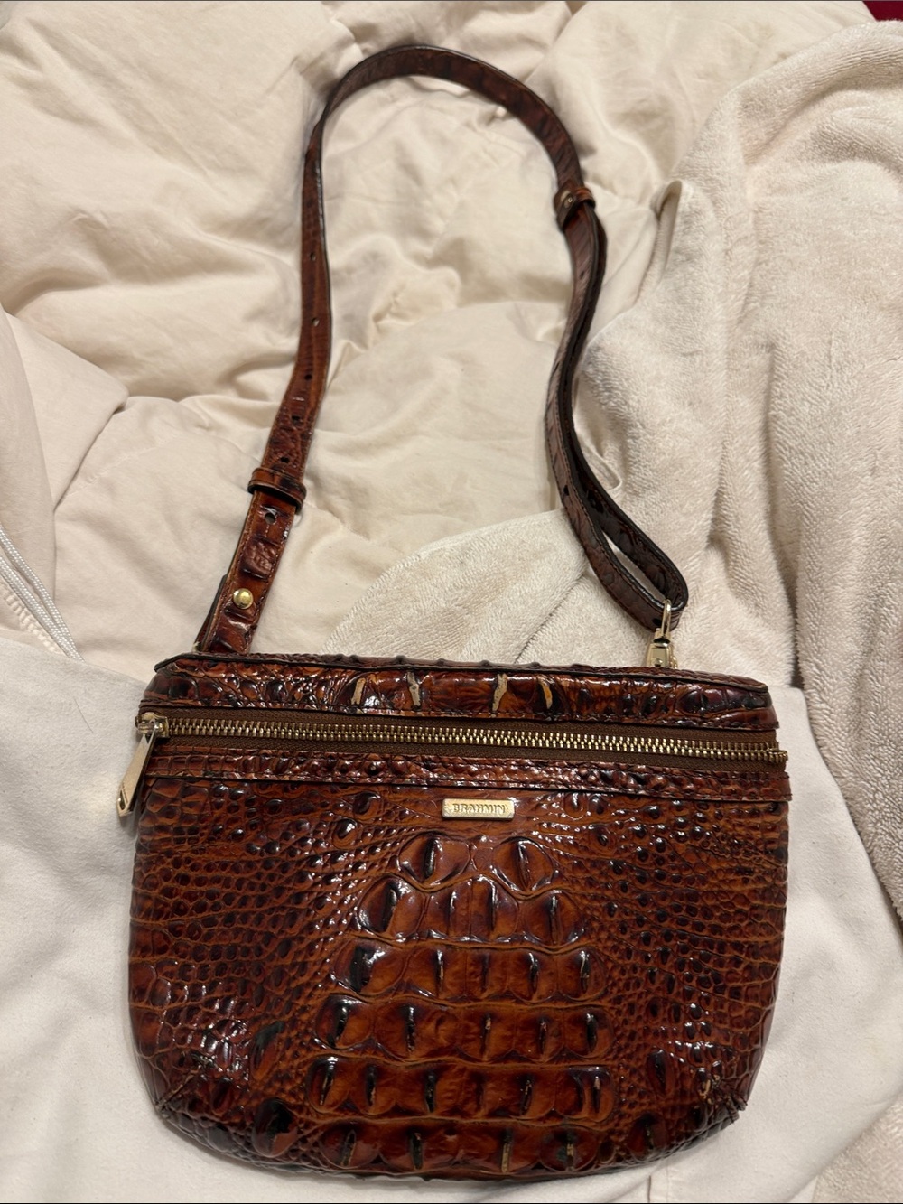 Brahmin Cognac Croc-Embossed Leather Crossbody with Gold-Tone Hardware